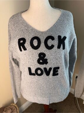 Elan Light Gray V-Neck Sweater with Black 'ROCK & LOVE' Lettering